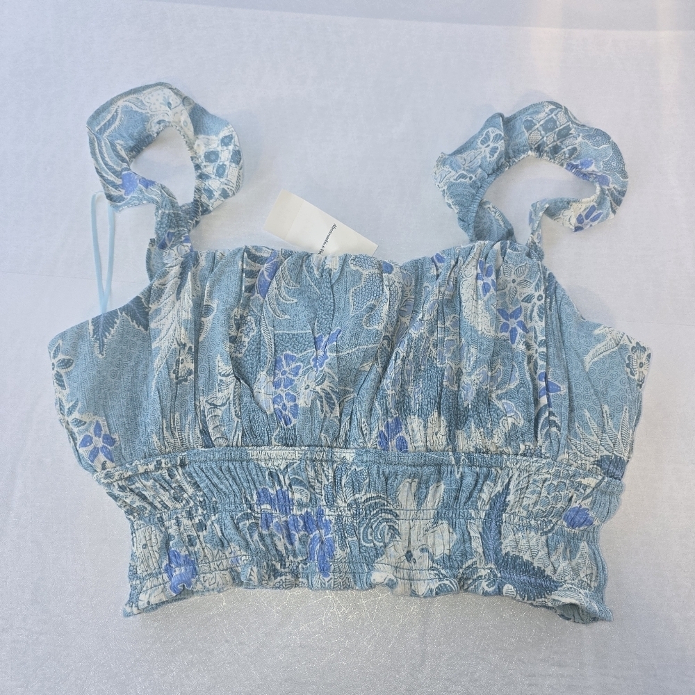 Abercrombie & Fitch Blue Floral Smocked Crop Top Tie Straps